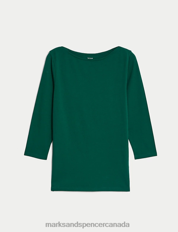 Women Pine Green Clothing Marks & Spencer Cotton Rich Slim Fit 3/4 Sleeve T-Shirt 20VTD1219 - Marks and Spencer online