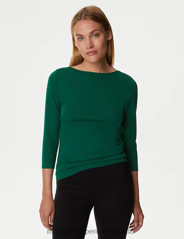 Women Pine Green Clothing Marks & Spencer Cotton Rich Slim Fit 3/4 Sleeve T-Shirt 20VTD1219 - Marks and Spencer online