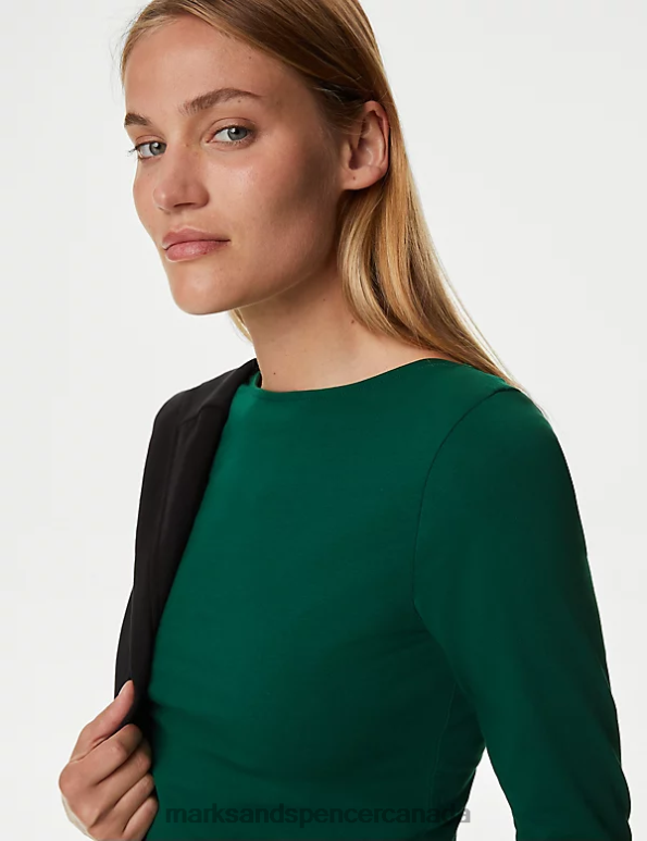 Women Pine Green Clothing Marks & Spencer Cotton Rich Slim Fit 3/4 Sleeve T-Shirt 20VTD1219 - Marks and Spencer online