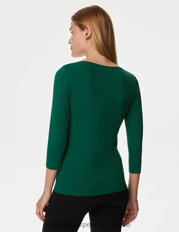 Women Pine Green Clothing Marks & Spencer Cotton Rich Slim Fit 3/4 Sleeve T-Shirt 20VTD1219 - Marks and Spencer online