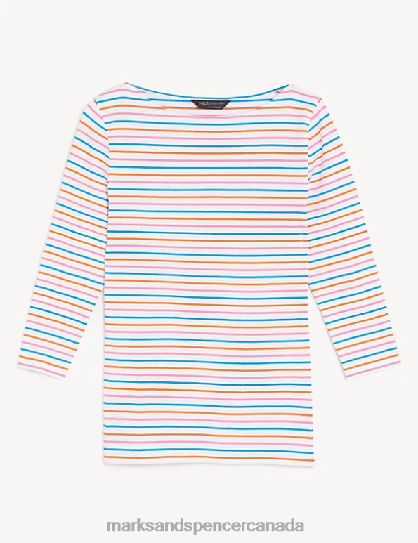 Women Pink Mix Clothing Marks & Spencer Cotton Rich Striped Slim Fit T-Shirt 20VTD1362 - Marks and Spencer Canada locations