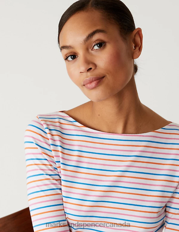 Women Pink Mix Clothing Marks & Spencer Cotton Rich Striped Slim Fit T-Shirt 20VTD1362 - Marks and Spencer Canada locations