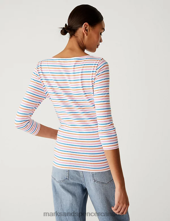 Women Pink Mix Clothing Marks & Spencer Cotton Rich Striped Slim Fit T-Shirt 20VTD1362 - Marks and Spencer Canada locations