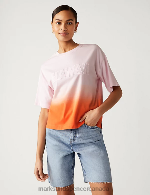 Marks and Spencer Canada - Women Pink Mix Clothing Marks & Spencer Pure Cotton Hawaii Slogan T-Shirt 20VTD2598