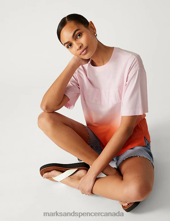 Marks and Spencer Canada - Women Pink Mix Clothing Marks & Spencer Pure Cotton Hawaii Slogan T-Shirt 20VTD2598