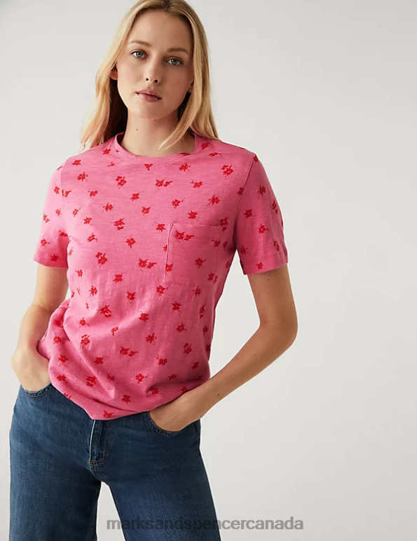 Women Pink Mix Clothing Marks & Spencer Pure Cotton Printed Pocket T-Shirt 20VTD2075 - Marks and Spencer Canada locations