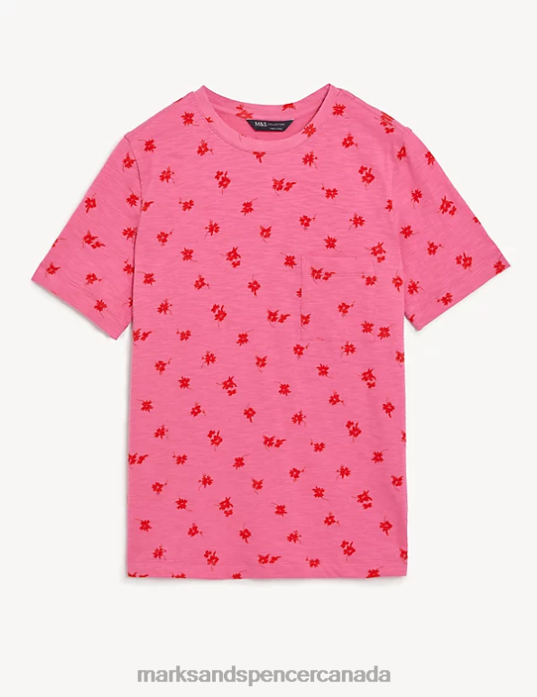 Women Pink Mix Clothing Marks & Spencer Pure Cotton Printed Pocket T-Shirt 20VTD2075 - Marks and Spencer Canada locations