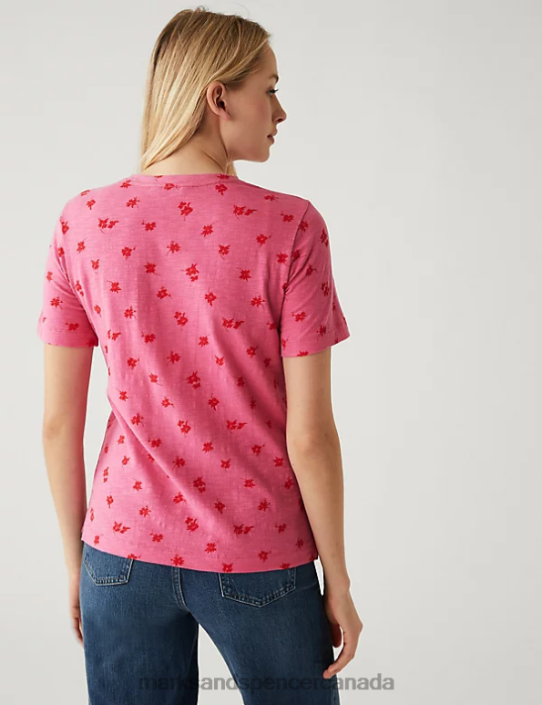 Women Pink Mix Clothing Marks & Spencer Pure Cotton Printed Pocket T-Shirt 20VTD2075 - Marks and Spencer Canada locations