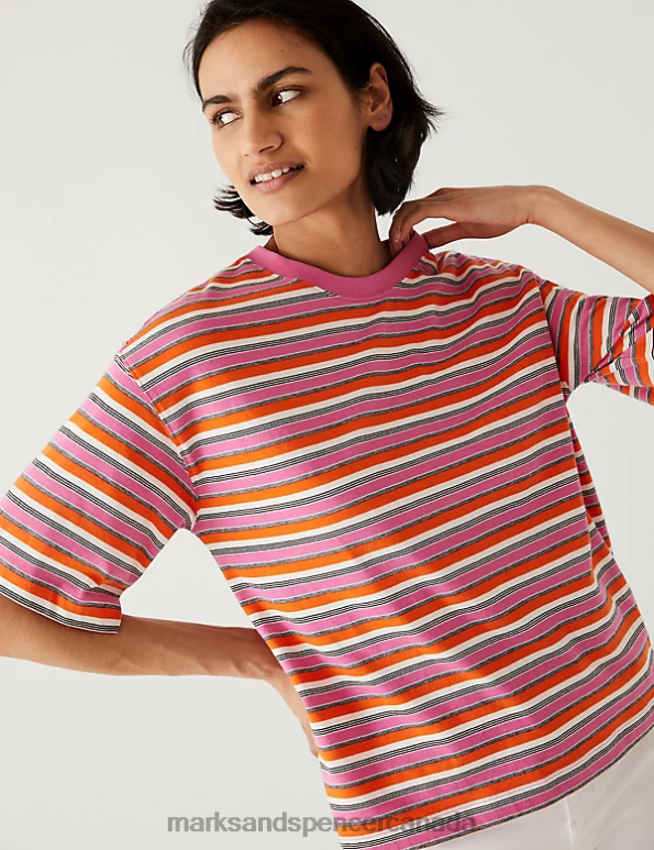 Women Pink Mix Clothing Marks & Spencer Pure Cotton Striped T-Shirt 20VTD461 - Marks and Spencer online