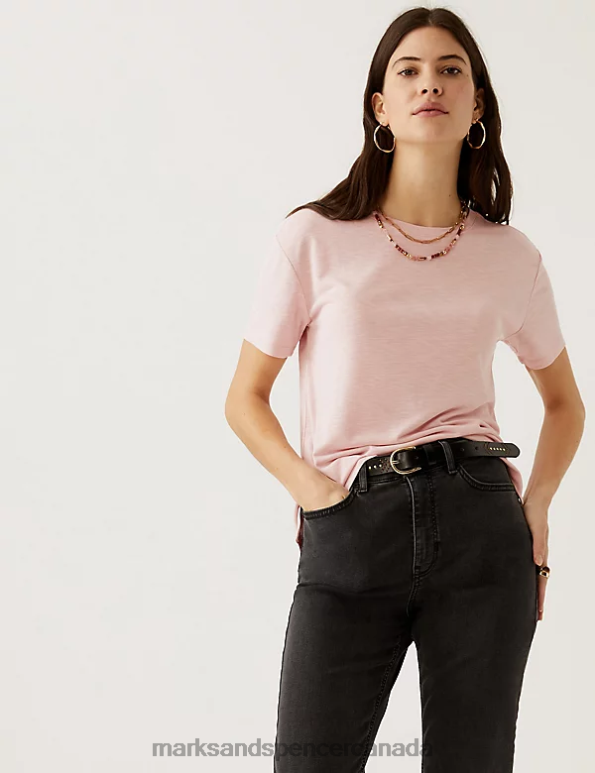 Women Pink Shell Clothing Marks & Spencer Modal Rich Round Neck T-Shirt 20VTD2581 - Marks and Spencer outlet