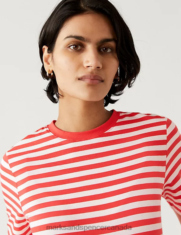 Women Red Mix Clothing Marks & Spencer Pure Cotton Striped Everyday Fit T-Shirt 20VTD1886 - Marks and Spencer online