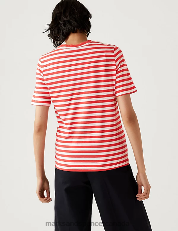 Women Red Mix Clothing Marks & Spencer Pure Cotton Striped Everyday Fit T-Shirt 20VTD1886 - Marks and Spencer online