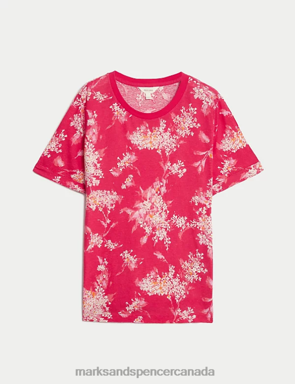 Marks and Spencer sale - Women Ruby Clothing Marks & Spencer Linen Blend Geometric Short Sleeve T-Shirt 20VTD2559