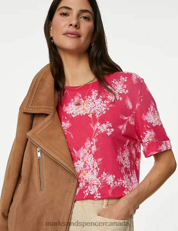 Marks and Spencer sale - Women Ruby Clothing Marks & Spencer Linen Blend Geometric Short Sleeve T-Shirt 20VTD2559