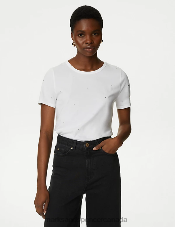 Women Soft White Clothing Marks & Spencer Pure Cotton Embellished T-Shirt 20VTD683 - Marks and Spencer online