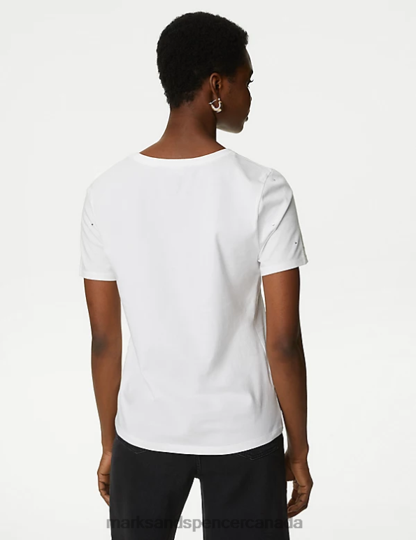 Women Soft White Clothing Marks & Spencer Pure Cotton Embellished T-Shirt 20VTD683 - Marks and Spencer online