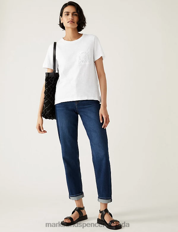 Women Soft White Clothing Marks & Spencer Pure Cotton Lace Pocket T-Shirt 20VTD2578 - Marks and Spencer Canada locations