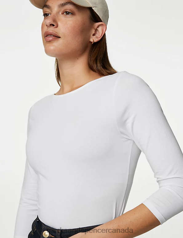 Women White Clothing Marks & Spencer Cotton Rich Slim Fit 3/4 Sleeve T-Shirt 20VTD833 - Marks and Spencer outlet