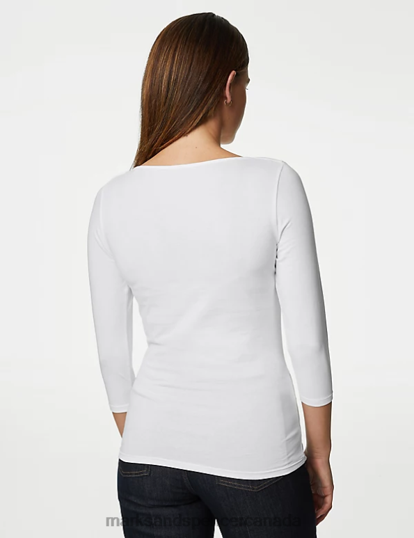 Women White Clothing Marks & Spencer Cotton Rich Slim Fit 3/4 Sleeve T-Shirt 20VTD833 - Marks and Spencer outlet