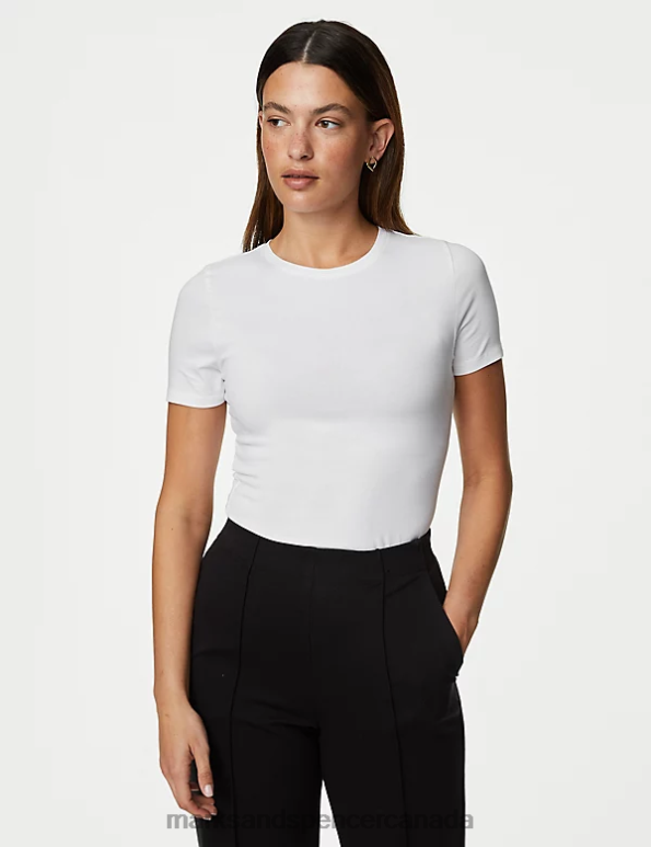 Marks and Spencer Canada - Women White Clothing Marks & Spencer Cotton Rich Slim Fit T-Shirt 20VTD1807