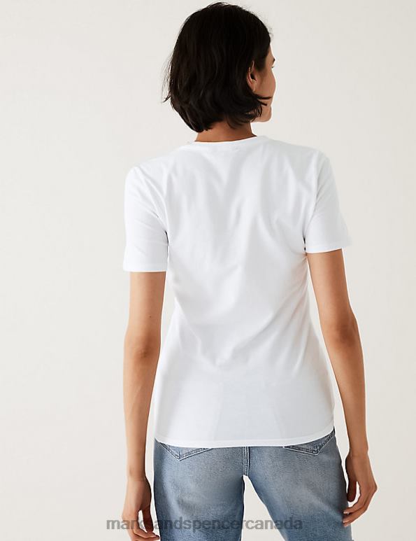 Women White Mix Clothing Marks & Spencer Cotton Rich Printed Slim Fit T-Shirt 20VTD3274 - Marks and Spencer outlet