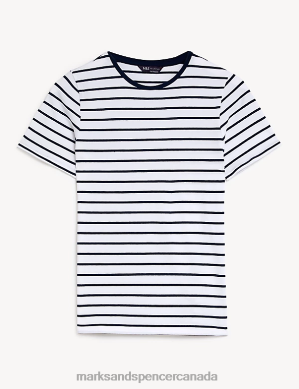 Women White Mix Clothing Marks & Spencer Cotton Rich Striped Slim Fit T-Shirt 20VTD1243 - Marks and Spencer outlet