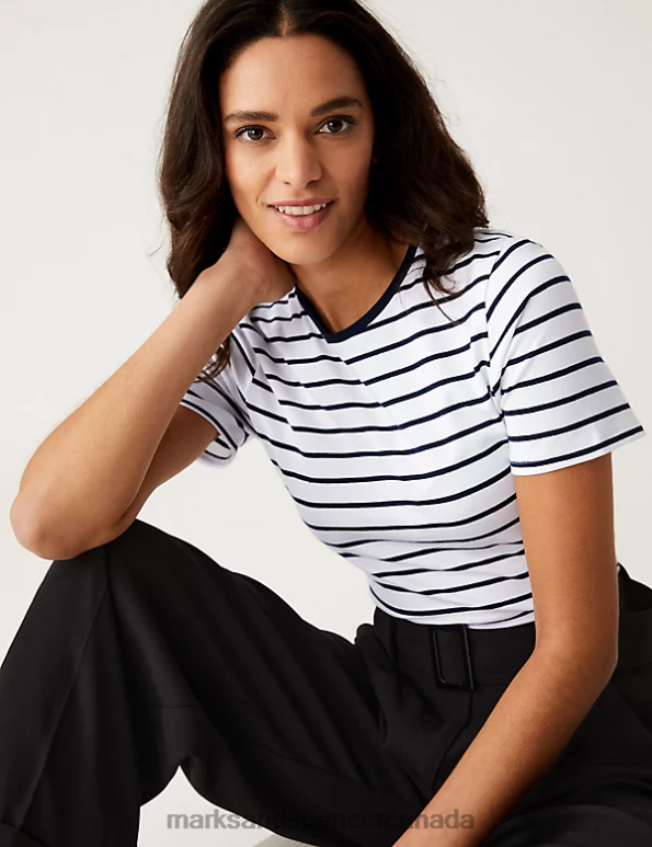 Women White Mix Clothing Marks & Spencer Cotton Rich Striped Slim Fit T-Shirt 20VTD1243 - Marks and Spencer outlet