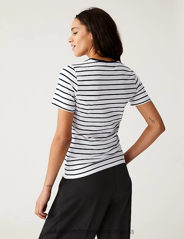 Women White Mix Clothing Marks & Spencer Cotton Rich Striped Slim Fit T-Shirt 20VTD1243 - Marks and Spencer outlet
