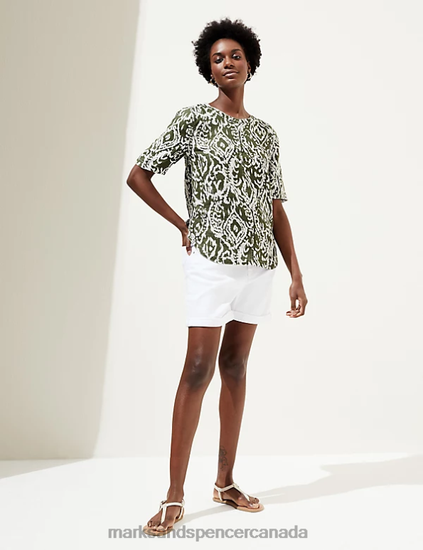 Marks and Spencer Canada - Women White Mix Clothing Marks & Spencer Pure Linen Printed Round Neck T-Shirt 20VTD1645