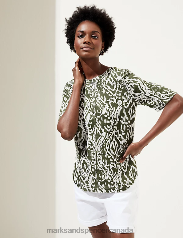 Marks and Spencer Canada - Women White Mix Clothing Marks & Spencer Pure Linen Printed Round Neck T-Shirt 20VTD1645