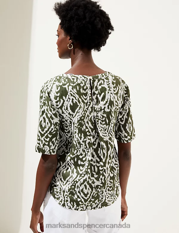 Marks and Spencer Canada - Women White Mix Clothing Marks & Spencer Pure Linen Printed Round Neck T-Shirt 20VTD1645