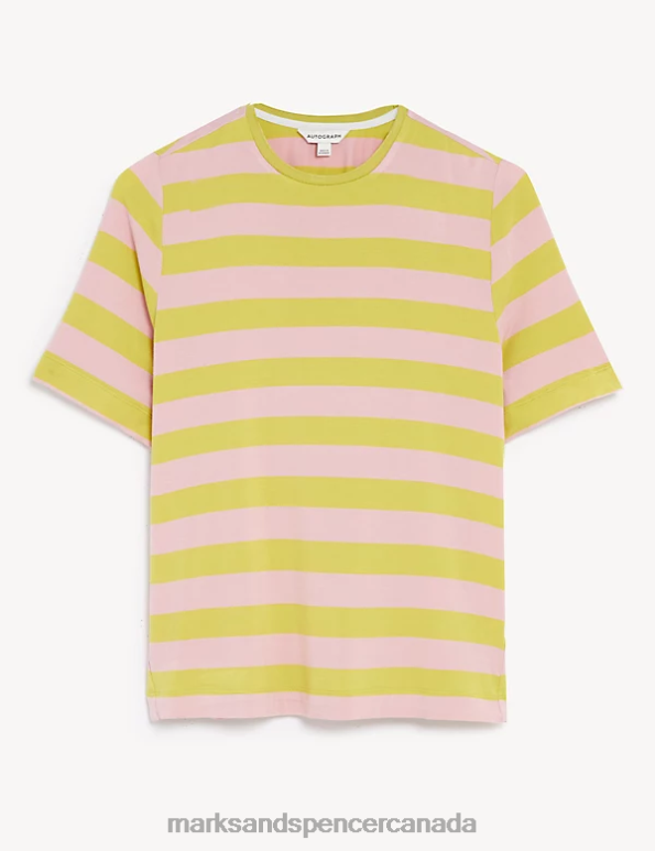 Women Yellow Mix Clothing Marks & Spencer Jersey Striped Crew Neck T-Shirt 20VTD2785 - Marks and Spencer online