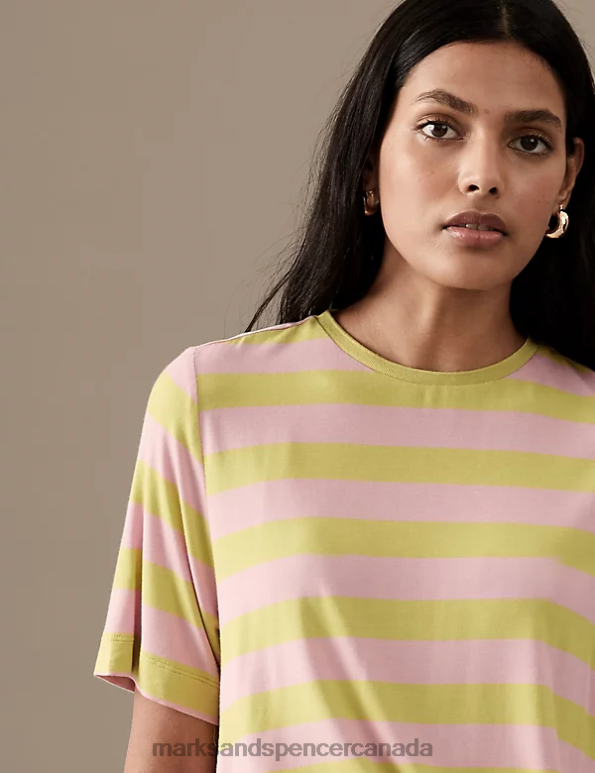 Women Yellow Mix Clothing Marks & Spencer Jersey Striped Crew Neck T-Shirt 20VTD2785 - Marks and Spencer online