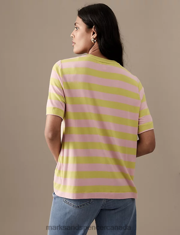 Women Yellow Mix Clothing Marks & Spencer Jersey Striped Crew Neck T-Shirt 20VTD2785 - Marks and Spencer online