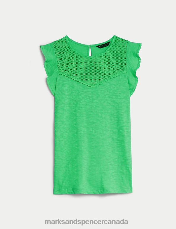 Women Acid Green Clothing Marks & Spencer Pure Cotton Embroidered Frill Detail Top 20VTD1209 - Marks and Spencer outlet