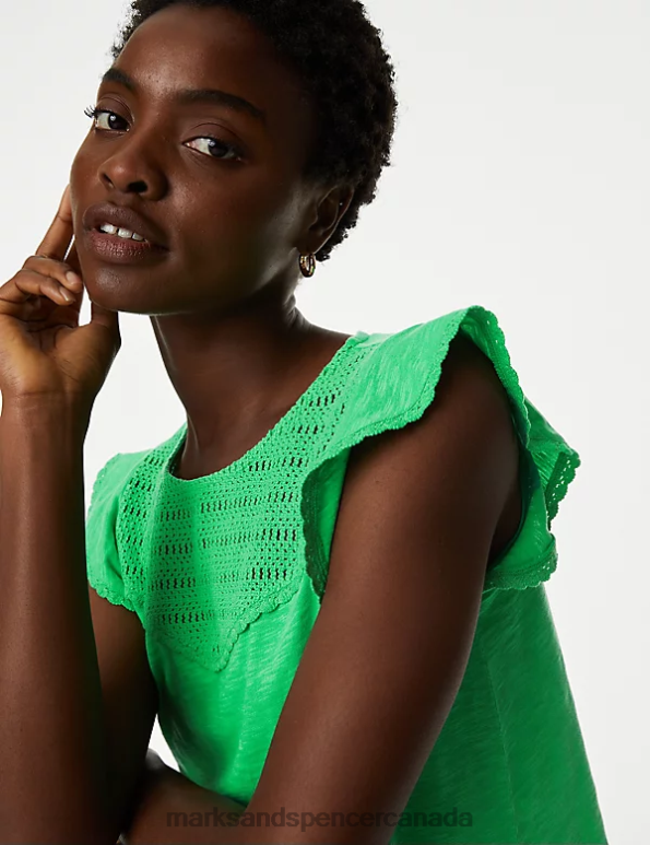 Women Acid Green Clothing Marks & Spencer Pure Cotton Embroidered Frill Detail Top 20VTD1209 - Marks and Spencer outlet