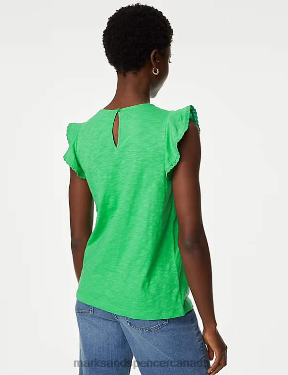 Women Acid Green Clothing Marks & Spencer Pure Cotton Embroidered Frill Detail Top 20VTD1209 - Marks and Spencer outlet