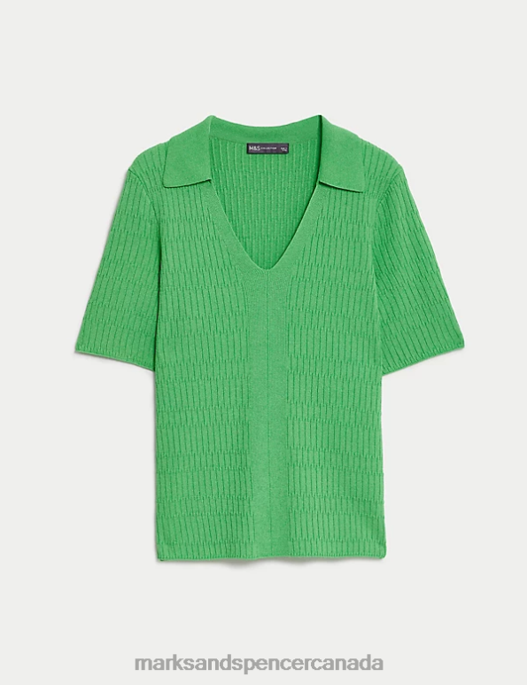 Women Acid Green Clothing Marks & Spencer Textured Collared Knitted Top 20VTD410 - Marks and Spencer online