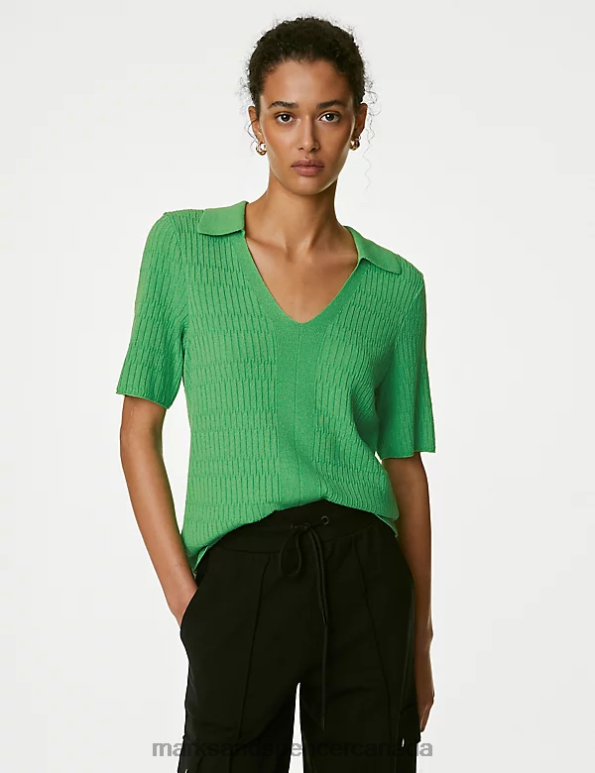 Women Acid Green Clothing Marks & Spencer Textured Collared Knitted Top 20VTD410 - Marks and Spencer online