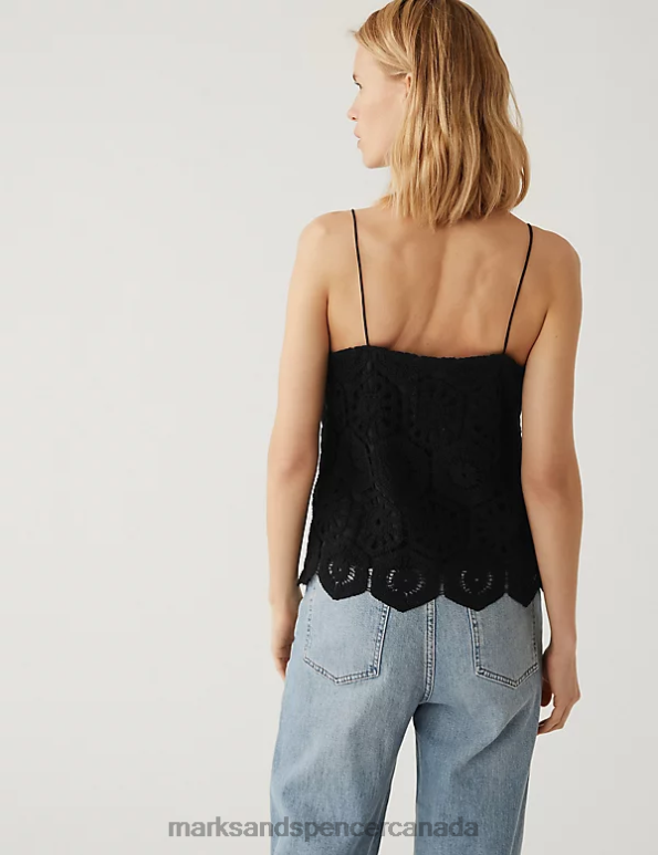 Marks and Spencer Canada - Women Black Clothing Marks & Spencer Cotton Rich Embroidered Cami Top 20VTD2689