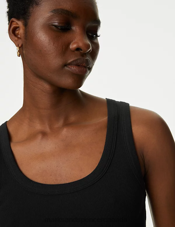 Women Black Clothing Marks & Spencer Cotton Rich Ribbed Slim Fit Vest Top 20VTD1184 - Marks and Spencer outlet