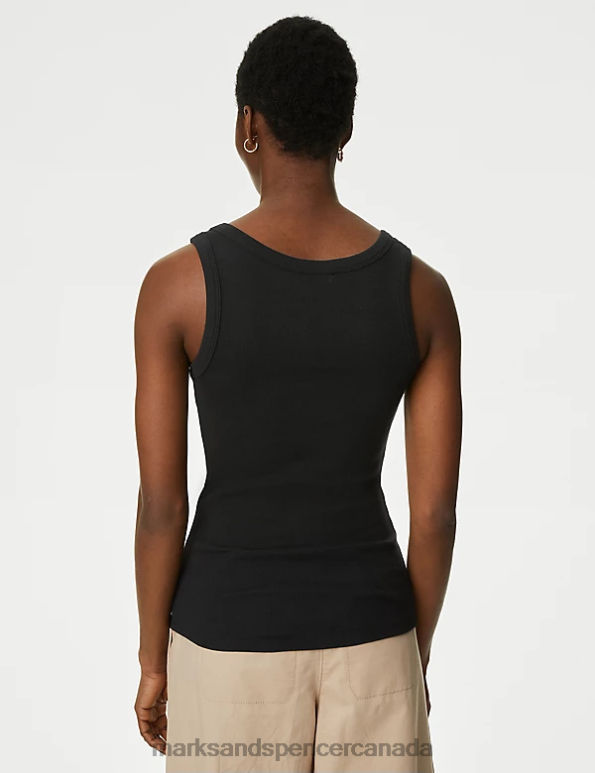 Women Black Clothing Marks & Spencer Cotton Rich Ribbed Slim Fit Vest Top 20VTD1184 - Marks and Spencer outlet