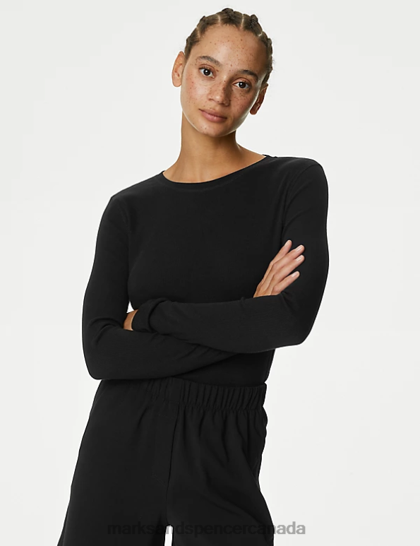 Women Black Clothing Marks & Spencer Cotton Rich Ribbed Top 20VTD582 - Marks and Spencer Canada locations