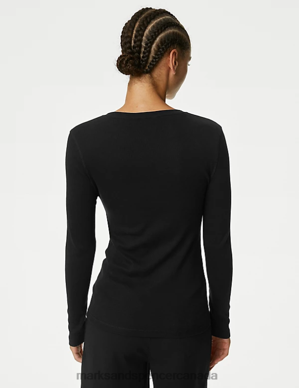 Women Black Clothing Marks & Spencer Cotton Rich Ribbed Top 20VTD582 - Marks and Spencer Canada locations