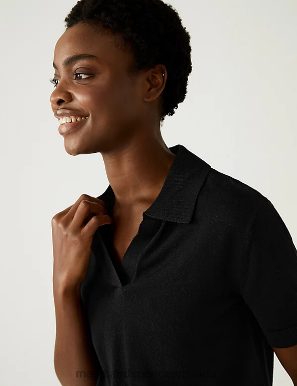 Women Black Clothing Marks & Spencer Pure Merino Wool Collared Knitted Top 20VTD1402 - Marks and Spencer outlet