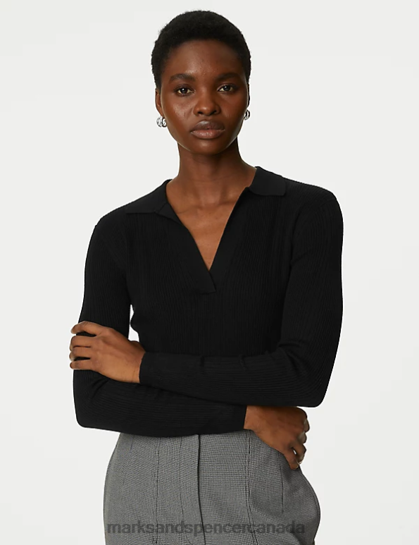Women Black Clothing Marks & Spencer Ribbed Collared Fitted Knitted Top 20VTD1023 - Marks and Spencer Canada locations