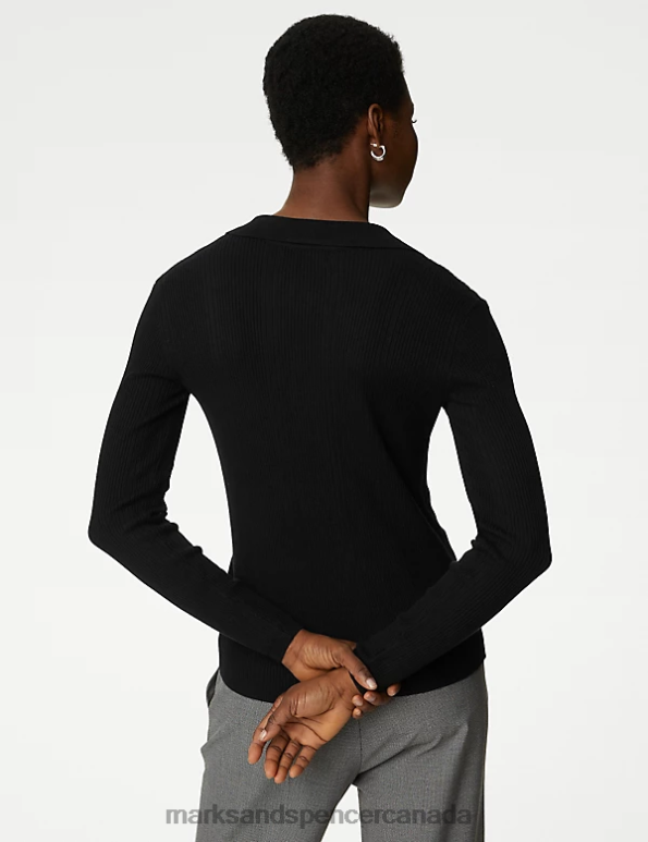 Women Black Clothing Marks & Spencer Ribbed Collared Fitted Knitted Top 20VTD1023 - Marks and Spencer Canada locations