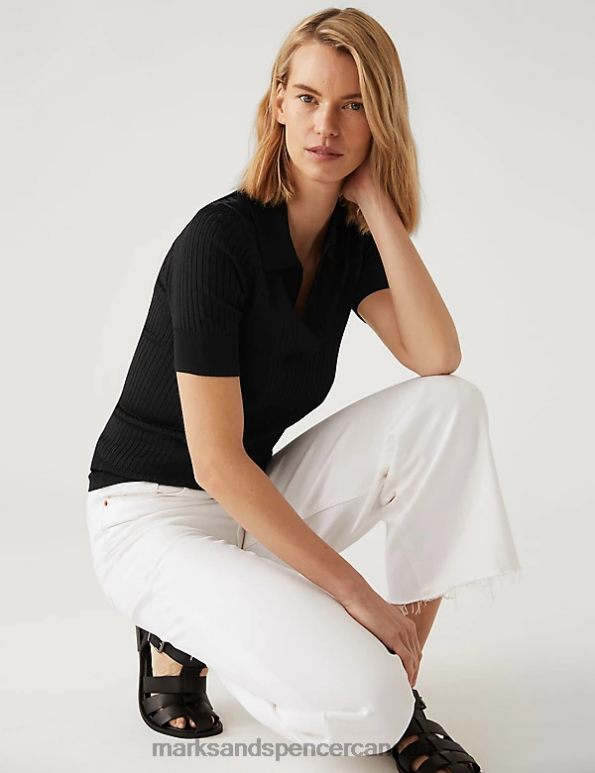 Women Black Clothing Marks & Spencer Ribbed Collared Knitted Top 20VTD2050 - Marks and Spencer Canada locations