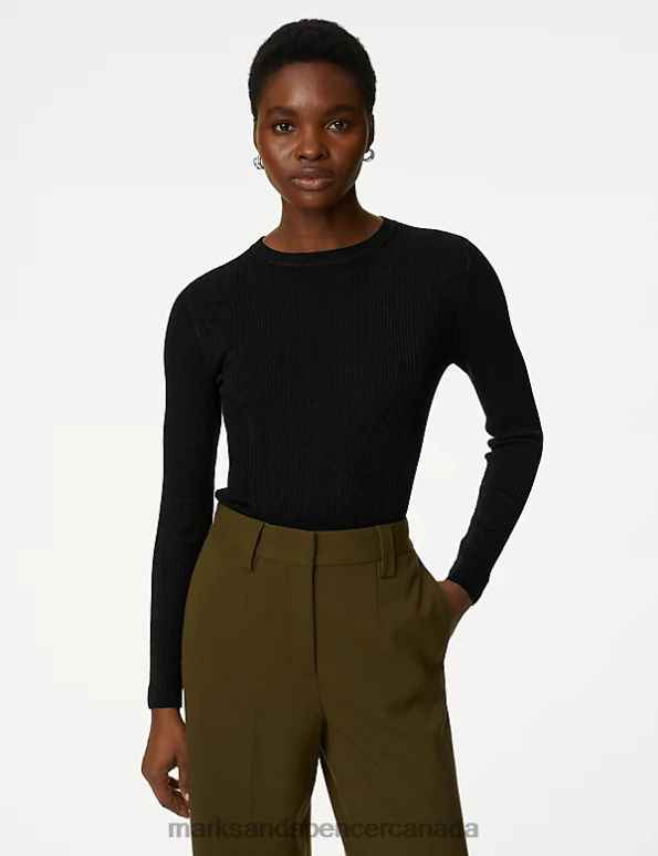 Marks and Spencer near me - Women Black Clothing Marks & Spencer Ribbed Crew Neck Fitted Knitted Top 20VTD1230