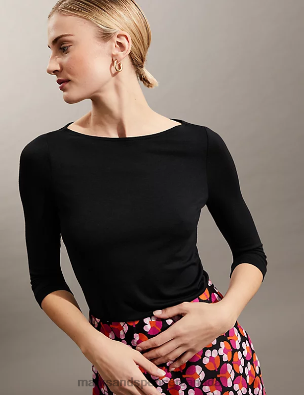 Marks and Spencer near me - Women Black Clothing Marks & Spencer Slash Neck 3/4 Sleeve Top 20VTD3027